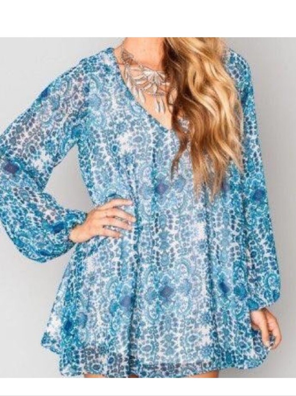 Show Me Your Mumu Donna Blue Printed V-Neck Long Sleeve Mini Women’s Dress